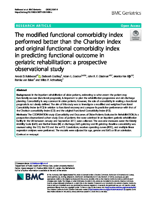 The modified functional comorbidity index performed better than the Charlson index and original functional comorbidity index in predicting functional outcome in geriatric rehabilitation: a prospective observational study Thumbnail