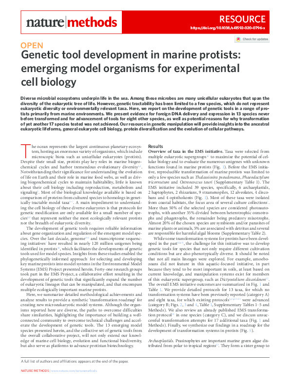 Genetic tool development in marine protists: emerging model organisms for experimental cell biology Thumbnail