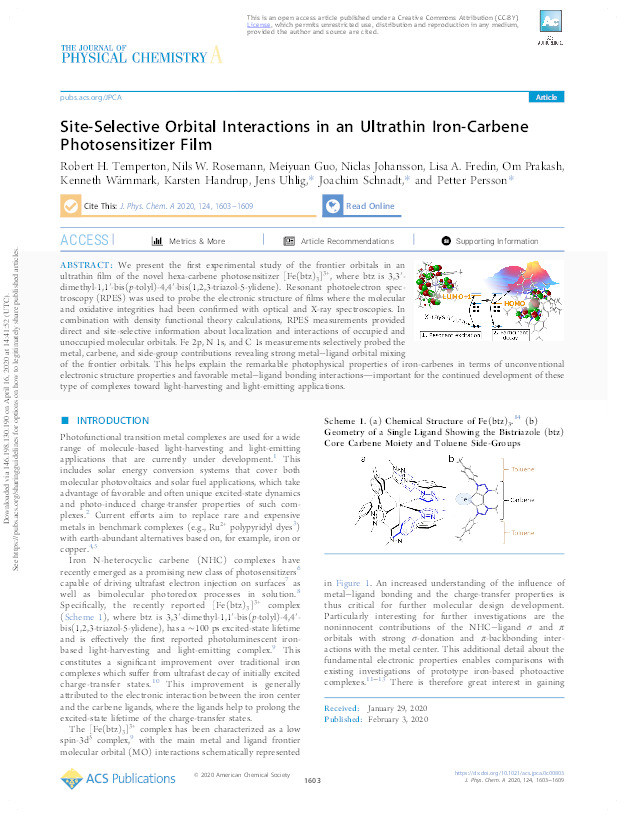 Site-Selective Orbital Interactions in an Ultrathin Iron-Carbene Photosensitizer Film Thumbnail