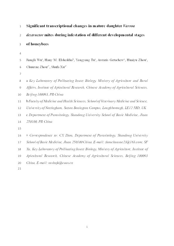 Significant transcriptional changes in mature daughter Varroa destructor mites during infestation of different developmental stages of honeybees Thumbnail
