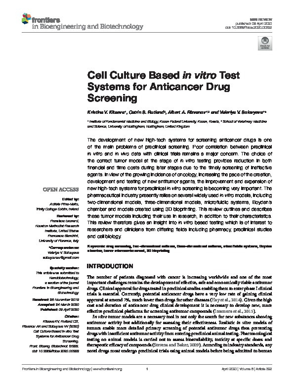 Cell Culture Based in vitro Test Systems for Anticancer Drug Screening Thumbnail