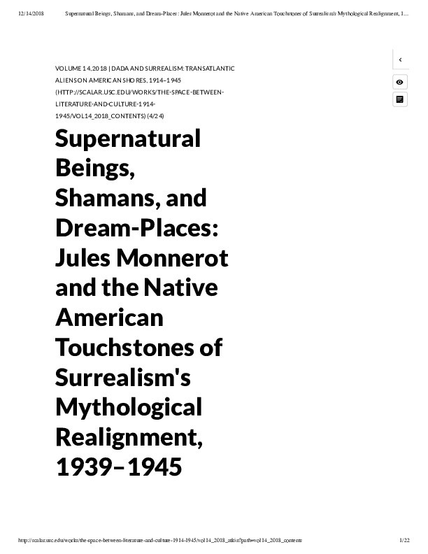 Supernatural Beings, Shamans and Dream-places: Jules Monnerot and the Native American Touchstones of Surrealism’s Mythological Realignment, 1939-1945 Thumbnail