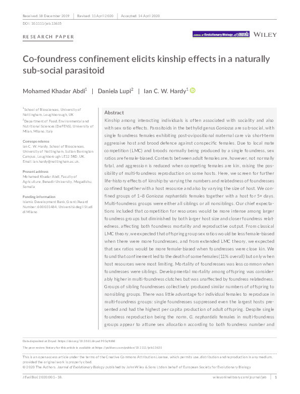Co‐foundress confinement elicits kinship effects in a naturally sub‐social parasitoid Thumbnail