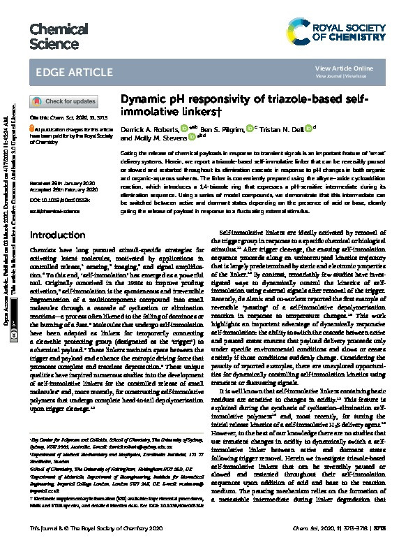Dynamic pH responsivity of triazole-based self-immolative linkers Thumbnail