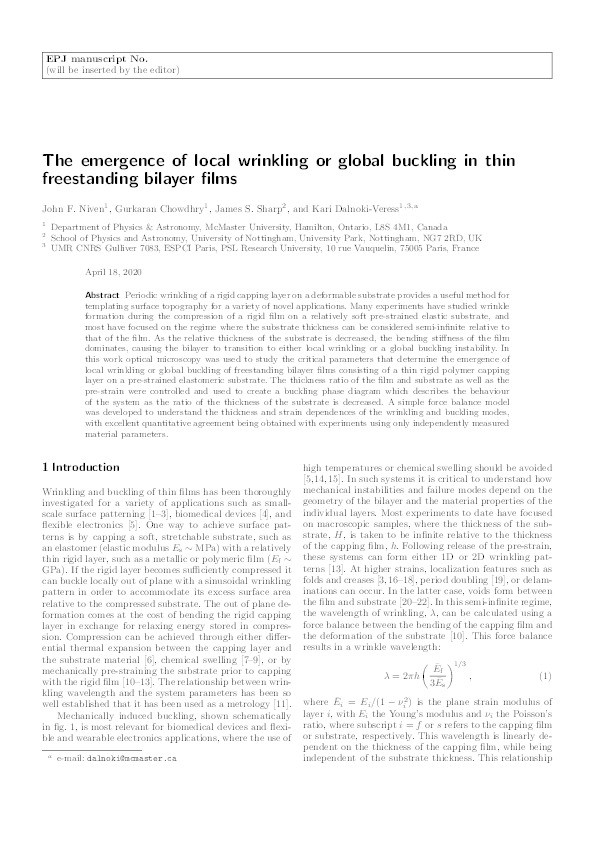 The emergence of local wrinkling or global buckling in thin freestanding bilayer films Thumbnail