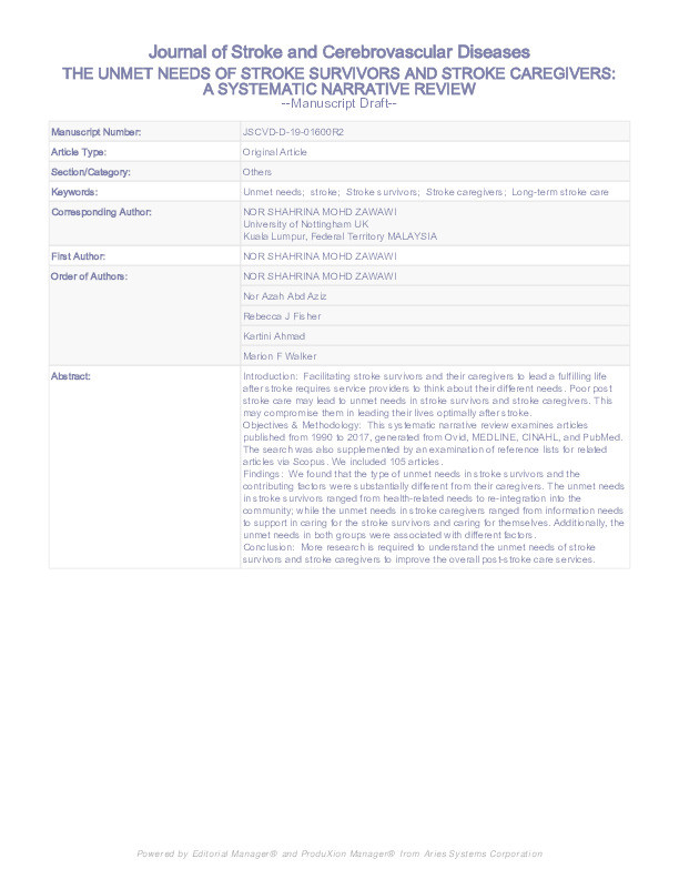 The unmet needs of stroke survivors and stroke caregivers: a systematic narrative review Thumbnail