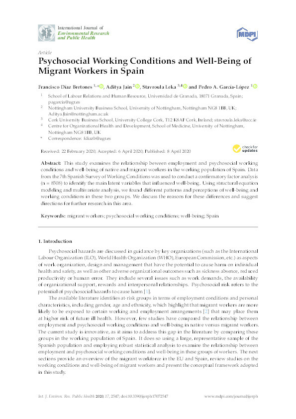 Psychosocial Working Conditions and Well-Being of Migrant Workers in Spain Thumbnail