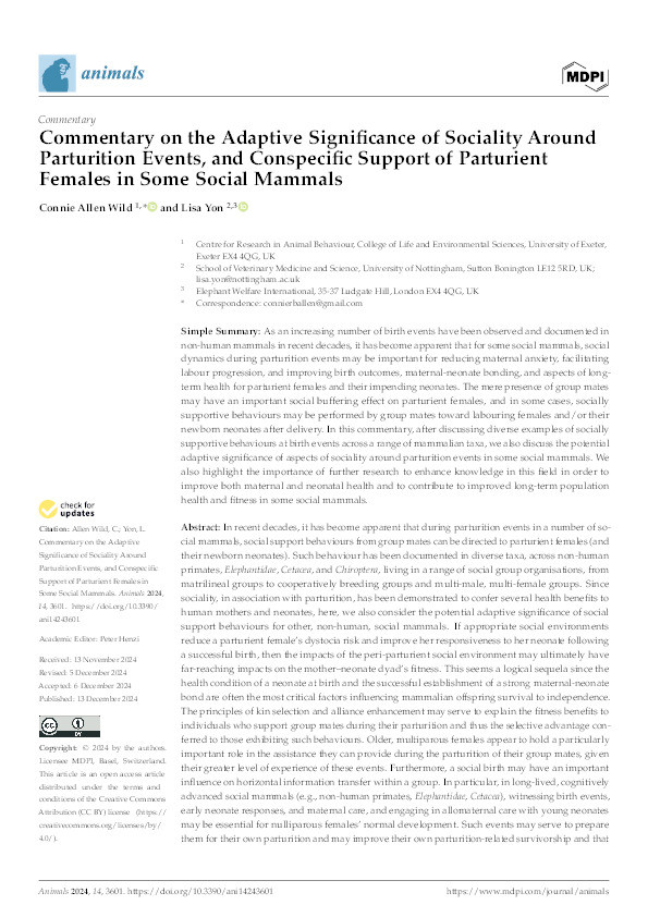 Commentary on the Adaptive Significance of Sociality Around Parturition Events, and Conspecific Support of Parturient Females in Some Social Mammals Thumbnail