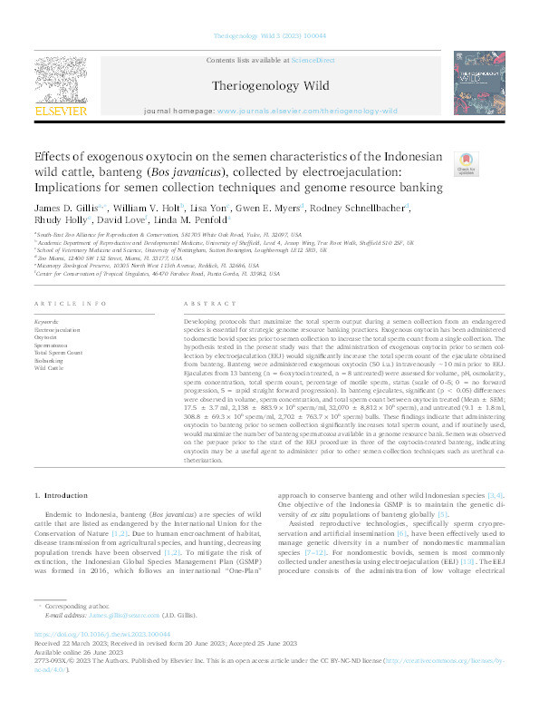 Effects of exogenous oxytocin on the semen characteristics of the Indonesian wild cattle, banteng (Bos javanicus), collected by electroejaculation: Implications for semen collection techniques and genome resource banking Thumbnail