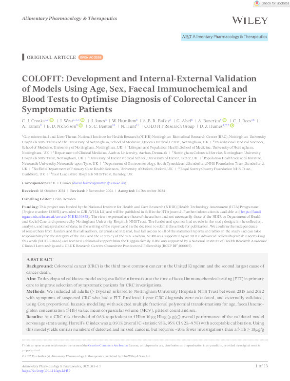 COLOFIT: Development and Internal‐External Validation of Models Using Age, Sex, Faecal Immunochemical and Blood Tests to Optimise Diagnosis of Colorectal Cancer in Symptomatic Patients Thumbnail