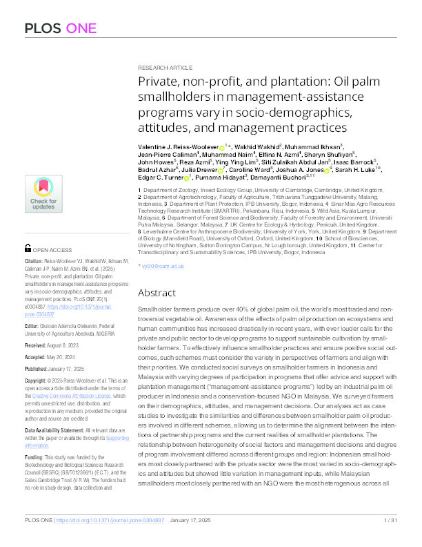 Private, non-profit, and plantation: Oil palm smallholders in management-assistance programs vary in socio-demographics, attitudes, and management practices Thumbnail