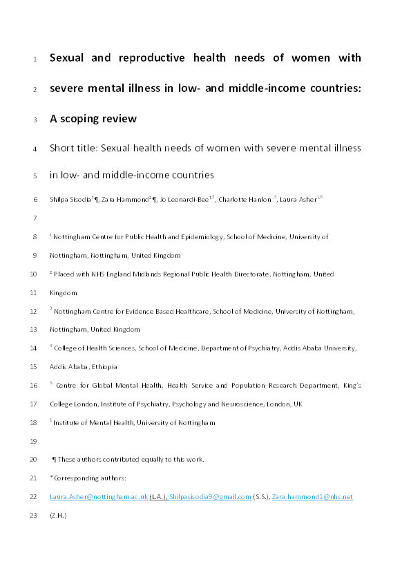 Sexual and reproductive health needs of women with severe mental illness in low- and middle-income countries: A scoping review Thumbnail