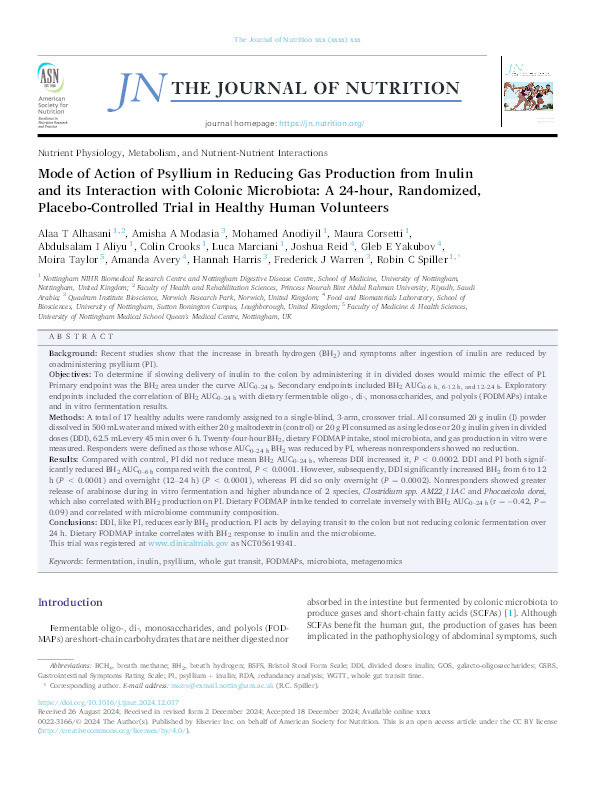 Mode of Action of Psyllium in Reducing Gas Production from Inulin and its Interaction with Colonic Microbiota: A 24-hour, Randomized, Placebo-Controlled Trial in Healthy Human Volunteers Thumbnail