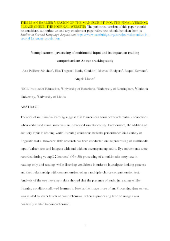Young learners’ processing of multimodal input and its impact on reading comprehension: an eye-tracking study Thumbnail