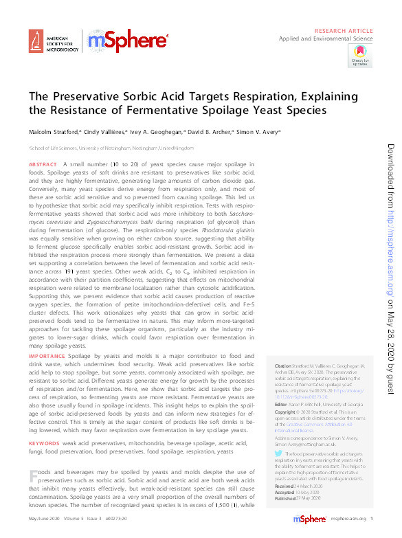 The Preservative Sorbic Acid Targets Respiration, Explaining the Resistance of Fermentative Spoilage Yeast Species Thumbnail