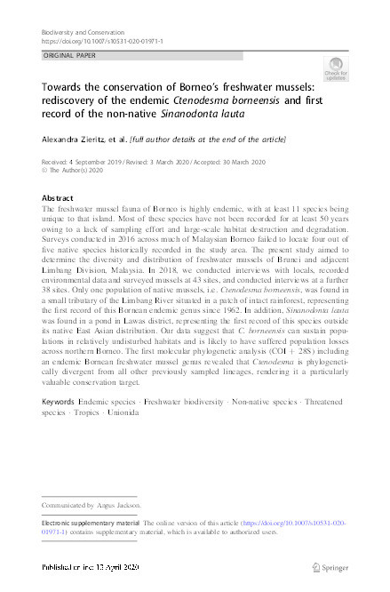 Towards the conservation of Borneo’s freshwater mussels: rediscovery of the endemic Ctenodesma borneensis and first record of the non-native Sinanodonta lauta Thumbnail