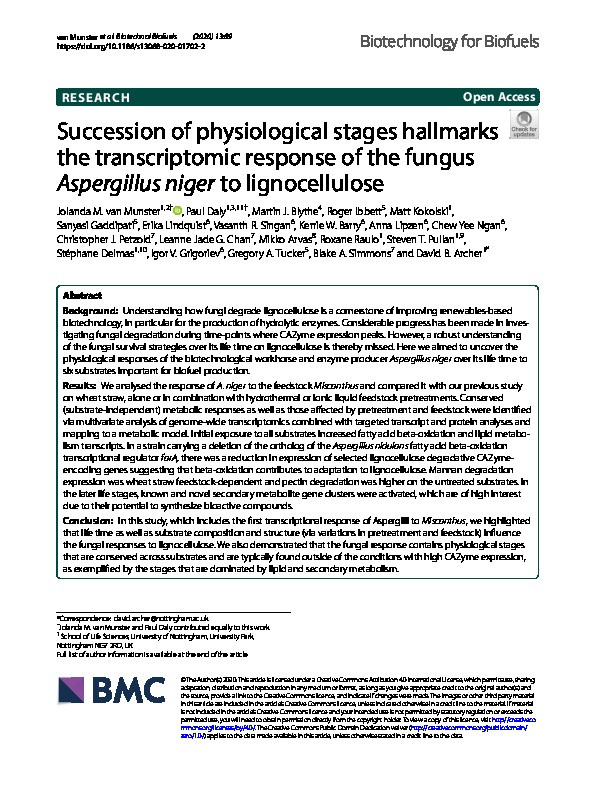Succession of physiological stages hallmarks the transcriptomic response of the fungus Aspergillus niger to lignocellulose Thumbnail
