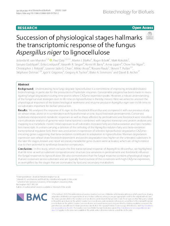 Succession of physiological stages hallmarks the transcriptomic response of the fungus Aspergillus niger to lignocellulose Thumbnail