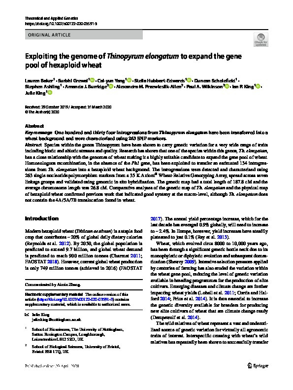 Exploiting the genome of Thinopyrum elongatum to expand the gene pool of hexaploid wheat Thumbnail