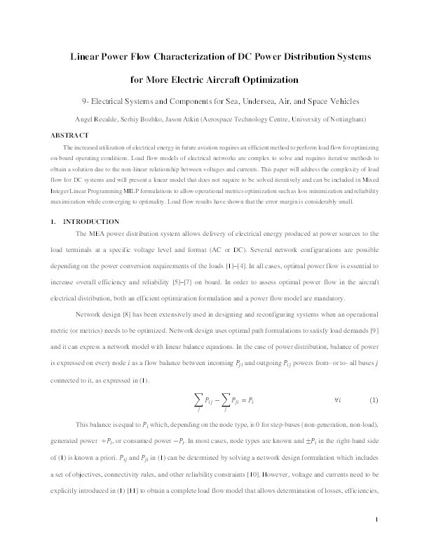 Linear Power Flow Characterization of DC Power Distribution Systems for MEA Optimization Thumbnail