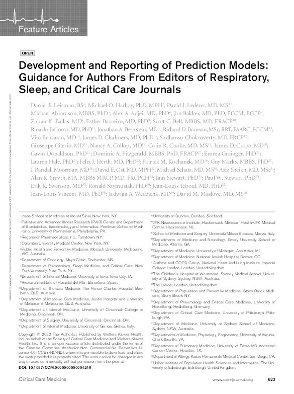 Development and Reporting of Prediction Models: Guidance for Authors From Editors of Respiratory, Sleep, and Critical Care Journals Thumbnail