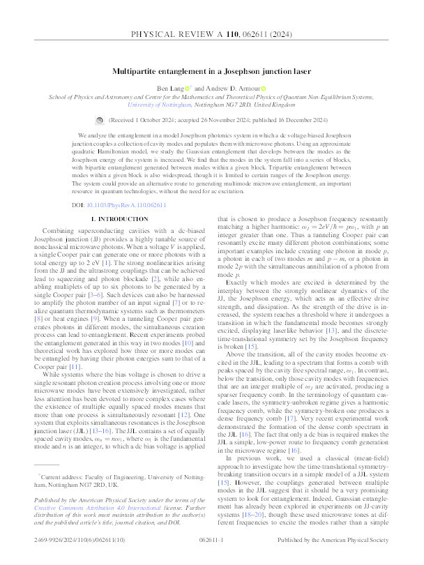 Multipartite entanglement in a Josephson junction laser Thumbnail