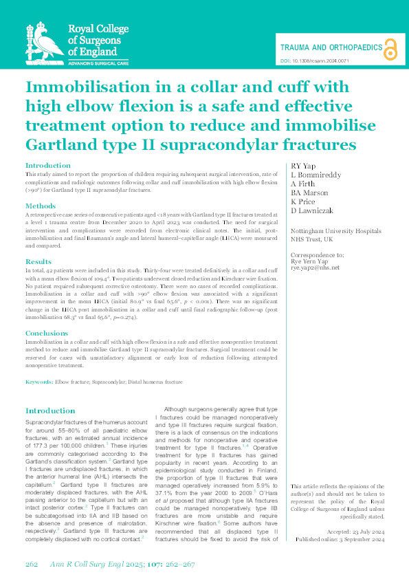Immobilisation in a collar and cuff with high elbow flexion is a safe and effective treatment option to reduce and immobilise Gartland type II supracondylar fractures Thumbnail