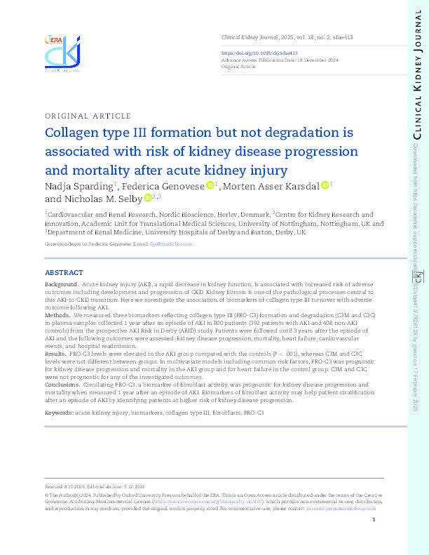 Collagen type III formation but not degradation is associated with risk of kidney disease progression and mortality after acute kidney injury Thumbnail