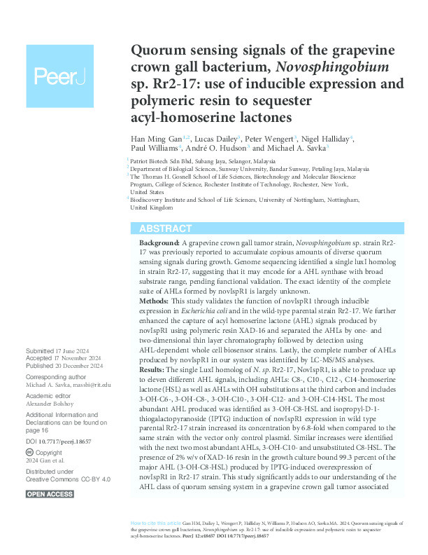 Quorum sensing signals of the grapevine crown gall bacterium, Novosphingobium sp. Rr2-17: use of inducible expression and polymeric resin to sequester acyl-homoserine lactones Thumbnail