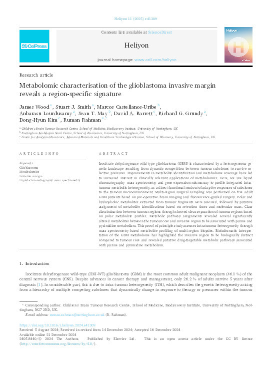 Metabolomic characterisation of the glioblastoma invasive margin reveals a region-specific signature Thumbnail