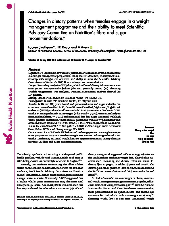 Changes in dietary patterns when females engage in a weight management programme and their ability to meet Scientific Advisory Committee on Nutrition's fibre and sugar recommendations Thumbnail
