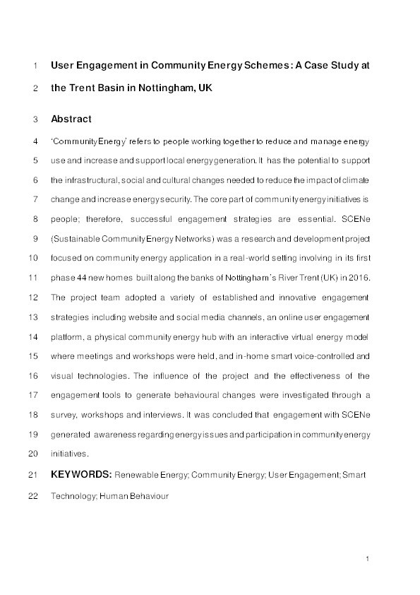 User engagement in community energy schemes: A case study at the Trent Basin in Nottingham, UK Thumbnail