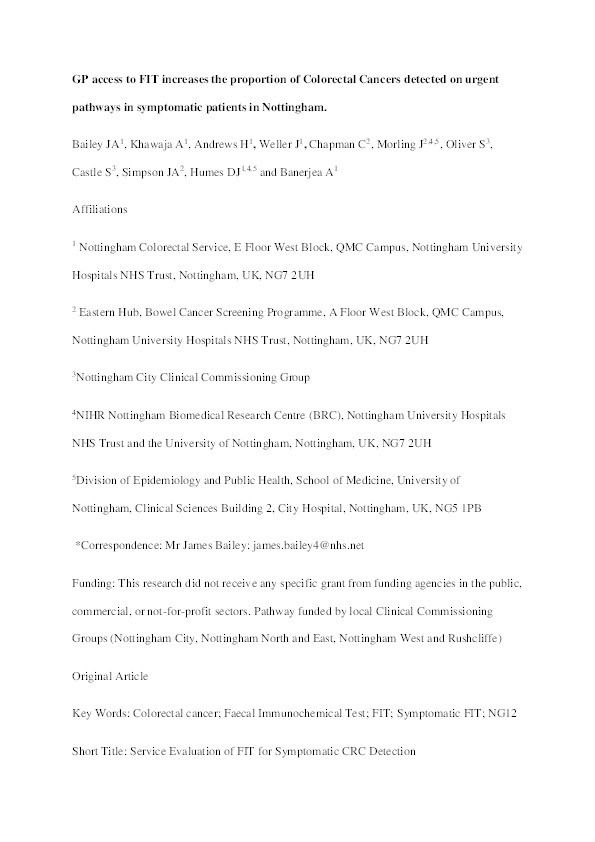 GP access to FIT increases the proportion of colorectal cancers detected on urgent pathways in symptomatic patients in Nottingham Thumbnail