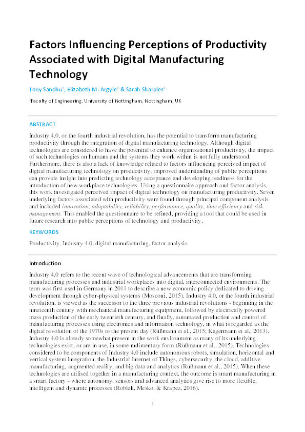 Factors Influencing Perceptions of Productivity Associated with Digital Manufacturing Technology Thumbnail