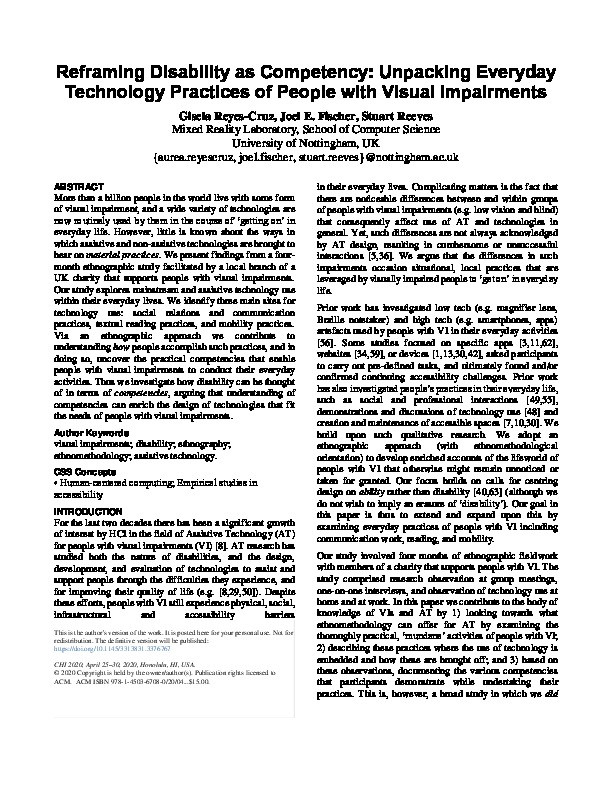 Reframing Disability as Competency: Unpacking Everyday Technology Practices of People with Visual Impairments Thumbnail