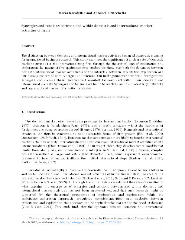 Synergies and tensions between and within domestic and international market activities of firms Thumbnail