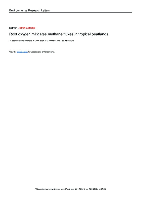 Root oxygen mitigates methane fluxes in tropical peatlands Thumbnail