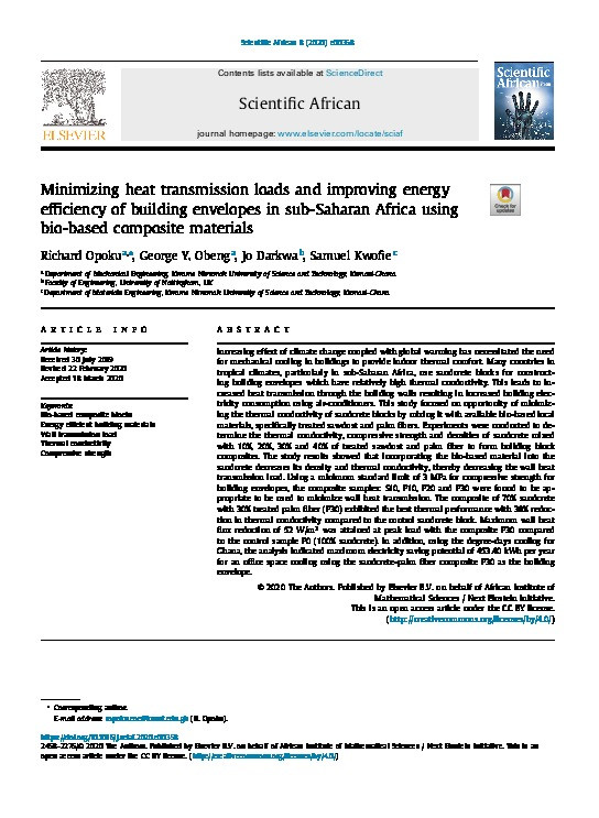 Minimizing heat transmission loads and improving energy efficiency of building envelopes in sub-Saharan Africa using bio-based composite materials Thumbnail