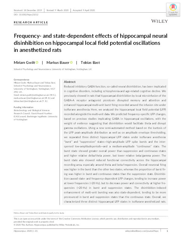 Frequency? and state?dependent effects of hippocampal neural disinhibition on hippocampal local field potential oscillations in anesthetized rats Thumbnail