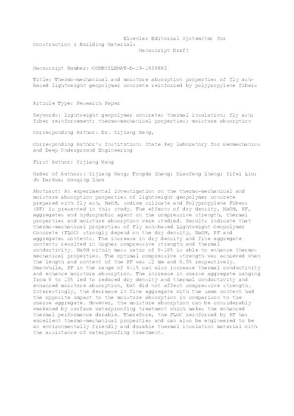 Thermo-mechanical and moisture absorption properties of fly ash-based lightweight geopolymer concrete reinforced by polypropylene fibers Thumbnail