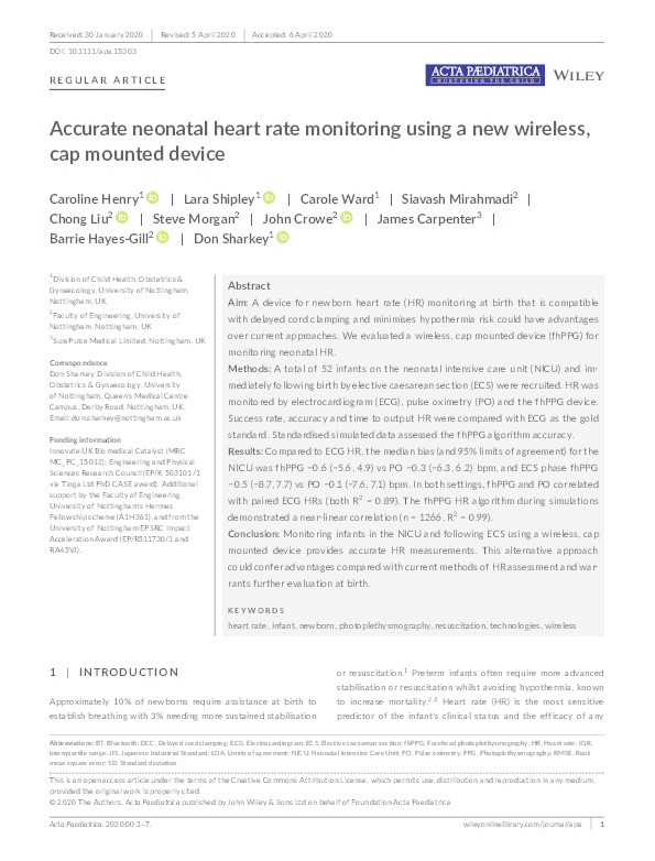 Accurate neonatal heart rate monitoring using a new wireless, cap mounted device Thumbnail