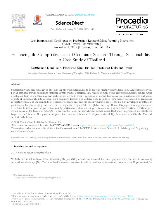 Enhancing the Competitiveness of Container Seaports Through Sustainability: A Case Study of Thailand Thumbnail