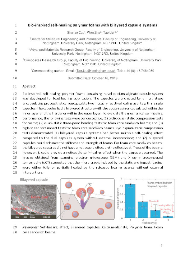 Bio-inspired self-healing polymer foams with bilayered capsule systems Thumbnail