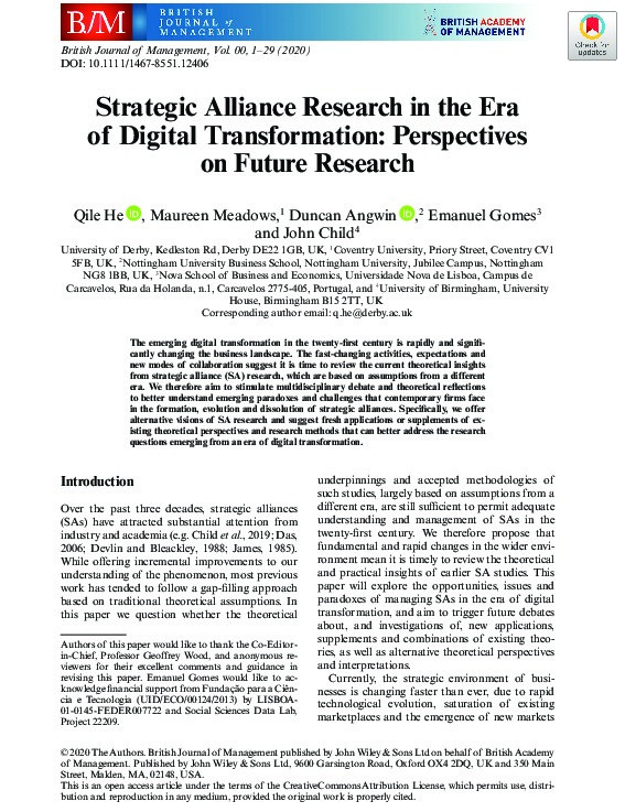 Strategic Alliance Research in the Era of Digital Transformation: Perspectives on Future Research Thumbnail