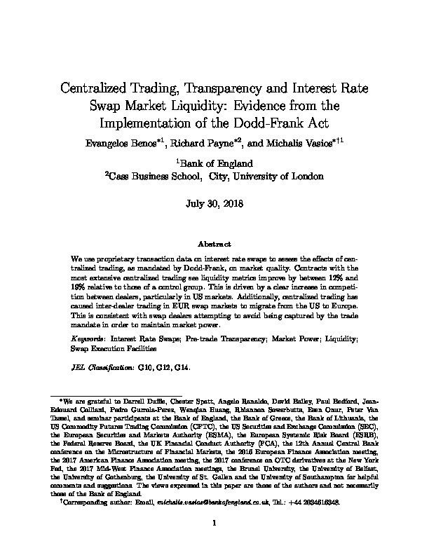 Centralized Trading, Transparency, and Interest Rate Swap Market Liquidity: Evidence from the Implementation of the Dodd–Frank Act Thumbnail