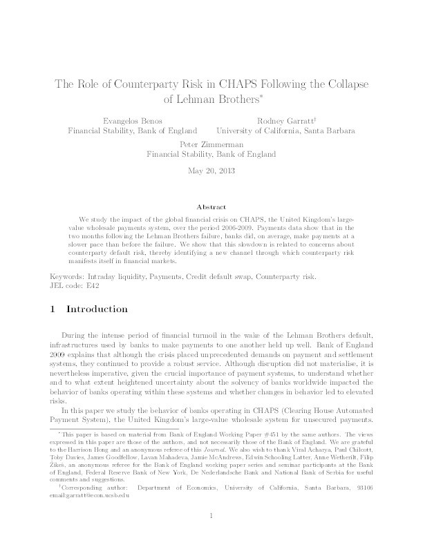The Role of Counterparty Risk in CHAPS Following the Collapse of Lehman Brothers Thumbnail