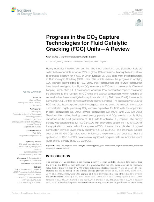 Progress in the CO2 Capture Technologies for Fluid Catalytic Cracking (FCC) Units—A Review Thumbnail