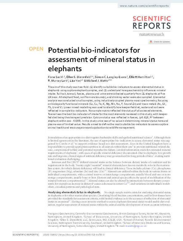 Potential bio-indicators for assessment of mineral status in elephants Thumbnail