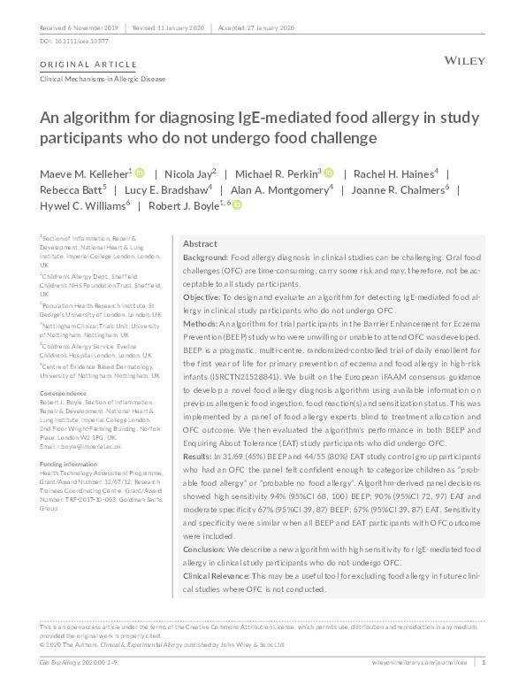 An algorithm for diagnosing IgE-mediated food allergy in study participants who do not undergo food challenge Thumbnail