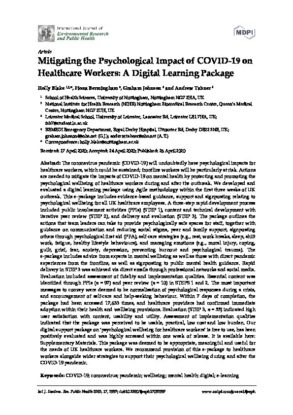Mitigating the Psychological Impact of COVID-19 on Healthcare Workers: A Digital Learning Package Thumbnail